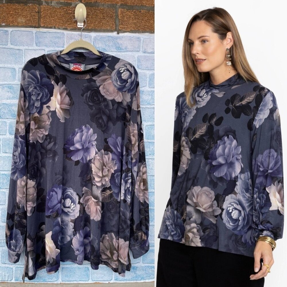 JOHNNY WAS GREY PEONY PUFF SLEEVE MOCK NECK TOP SIZE 3X